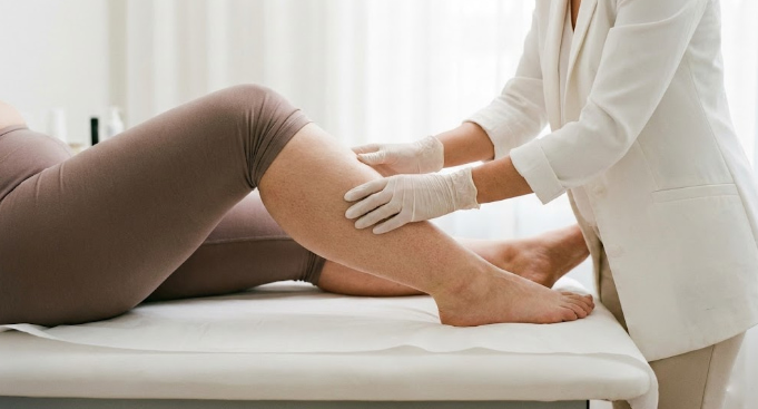 profissional realizando verificando lipedema na perna de mulher