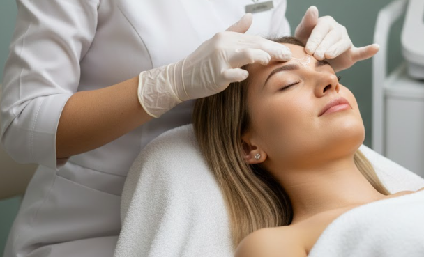 profissional de estética aplicando serum neurocosmético no rosto com movimentos lentos focados em áreas sensoriais