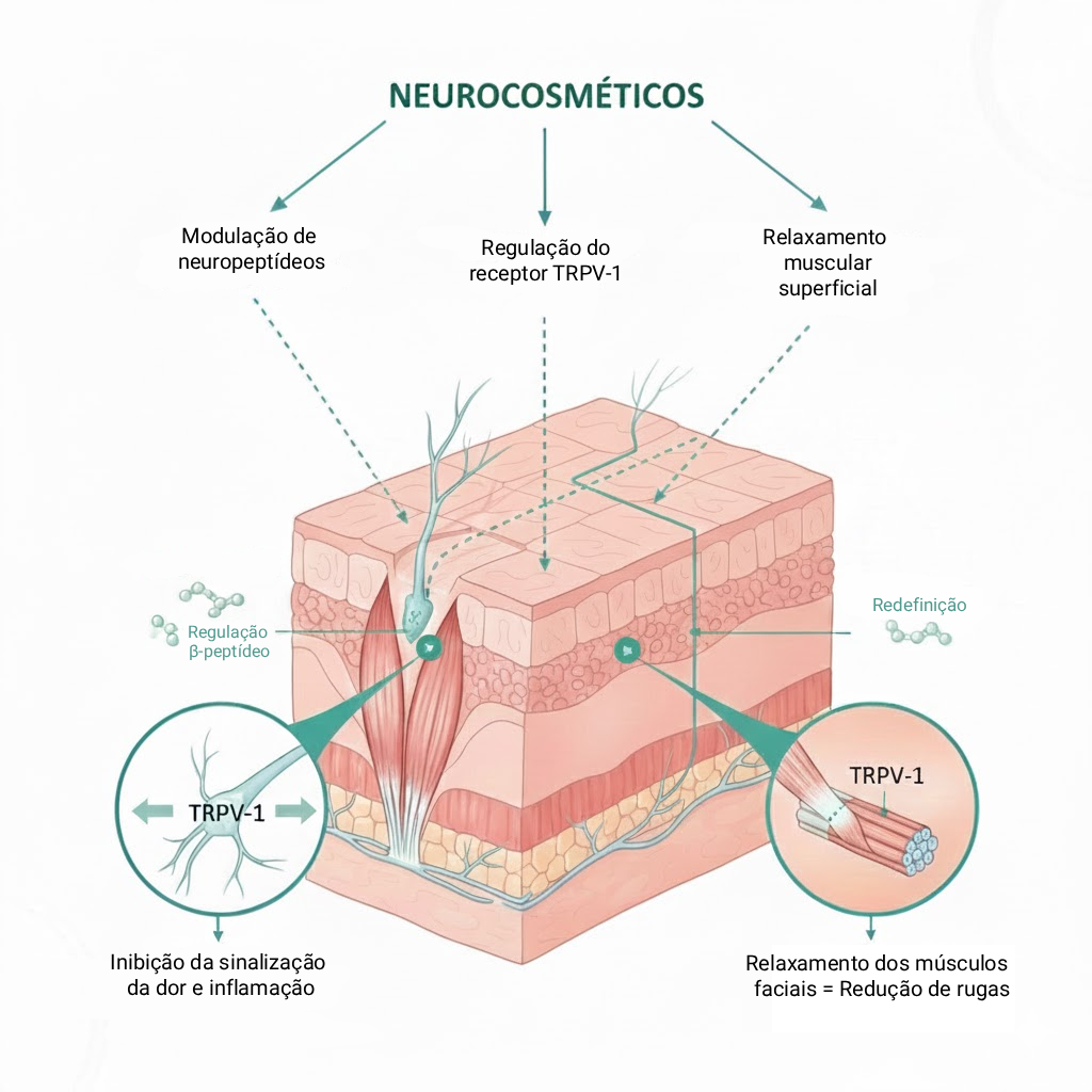 infográfico mostrando modulação de neuropeptídeos, regulação do receptor trpv-1 e relaxamento muscular superficial pelos neurocosméticos