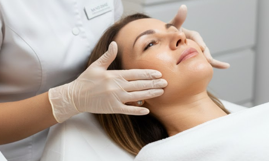 profissional de estética aplicando serum de nano dmae com movimentos ascendentes em sessão de rejuvenescimento