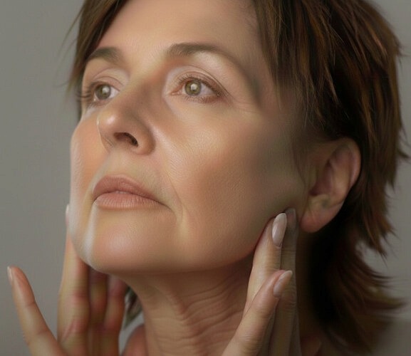 Mulher madura com sinais de flacidez facial e no pescoço